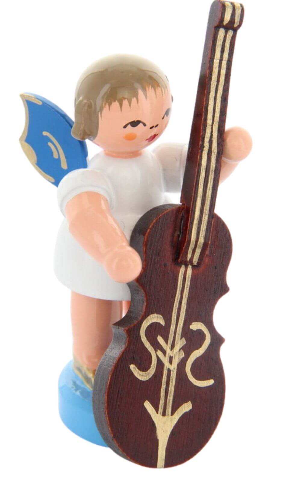 Weihnachtsengel mit Zupfbass und blauen Flügeln von Figurenland Uhlig GmbH