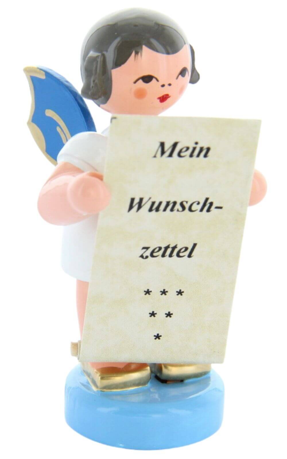 Weihnachtsengel mit Wunschzettel und blauen Flügeln von Figurenland Uhlig