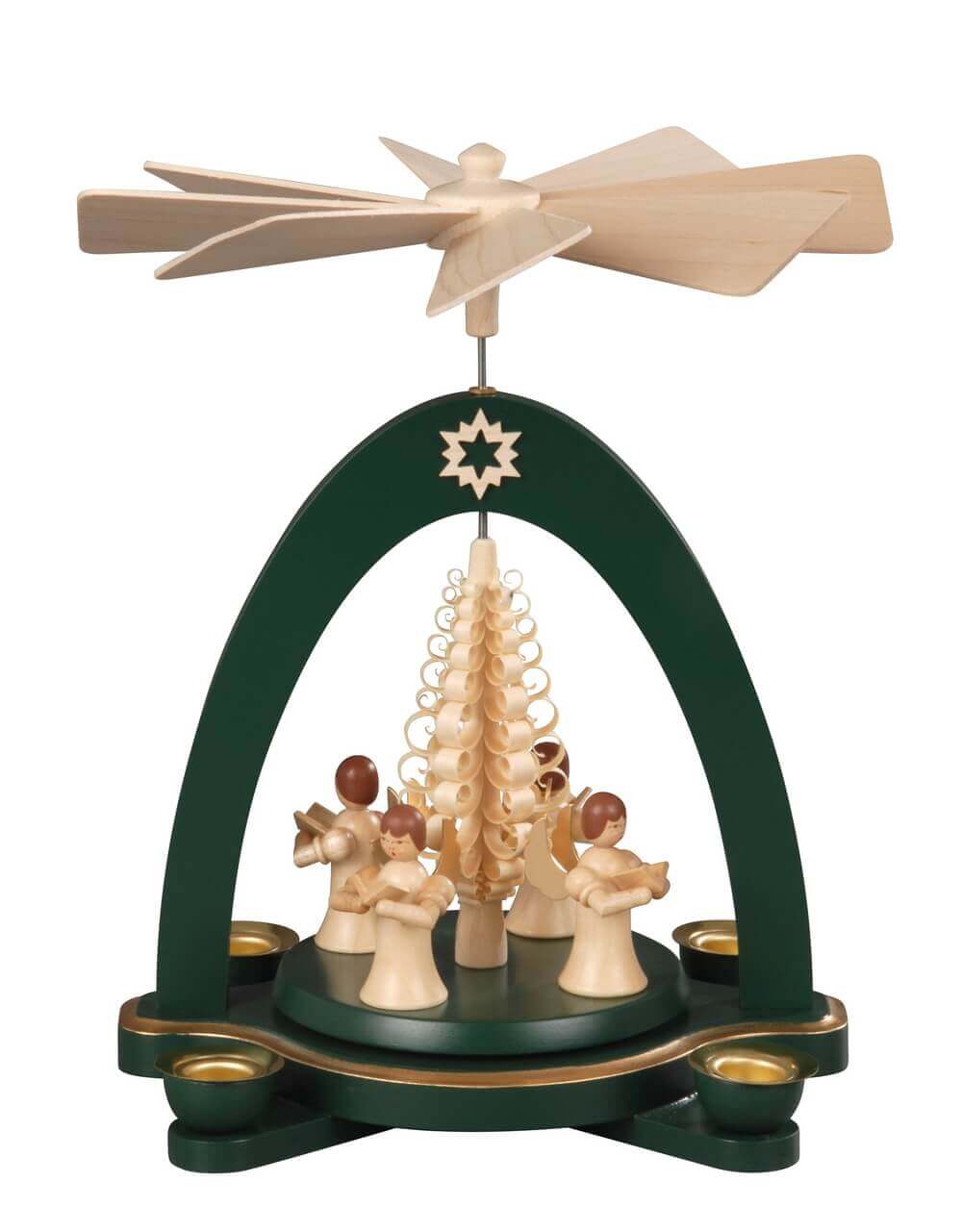 Weihnachtspyramide mit 4 Engel und Spanbaum, grün, 20 cm von Albin Preißler