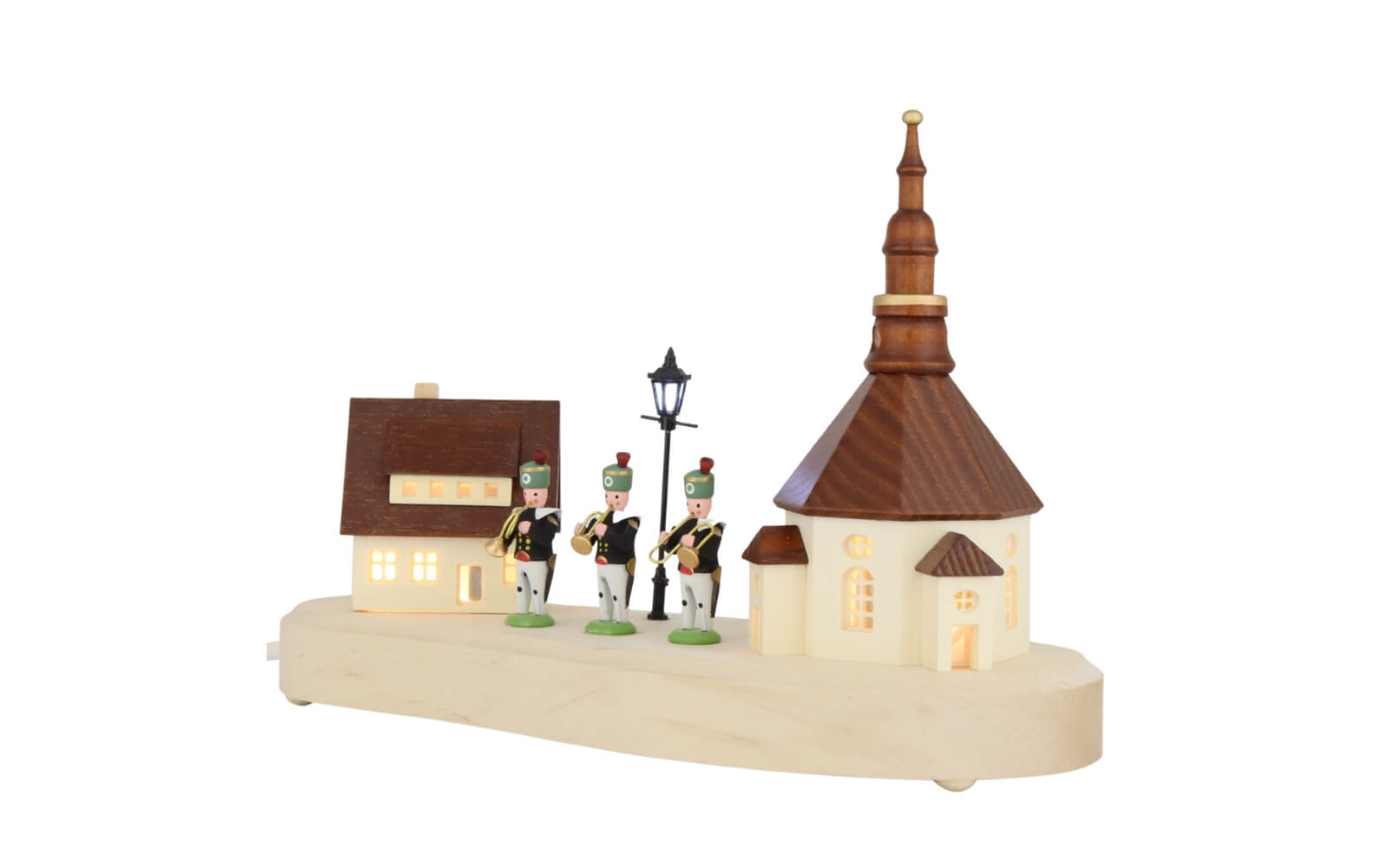 Sockelbrett Seiffener Dorf mit Bergmannskapelle und beleuchteter Straßenlaterne von SEIFFEN.COM_4