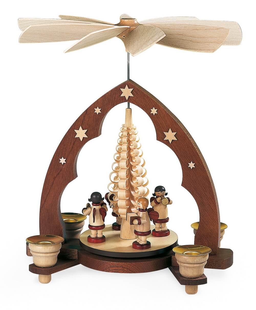 Weihnachtspyramide Musikantenengel Spitzbogen, natur, 28 cm, Müller Kleinkunst aus dem Erzgebirge