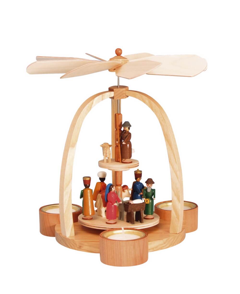 Weihnachtspyramide für Teelichte mit Heilige Familie, farbig, 24 cm von Knuth Neuber