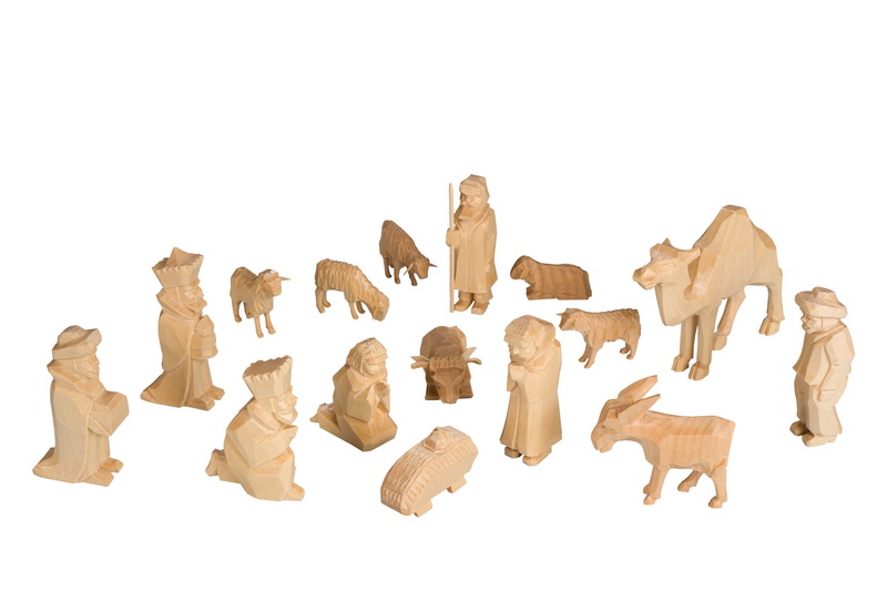 Krippenfiguren 16 - teilig, geschnitzt, natur von SEIFFEN.COM