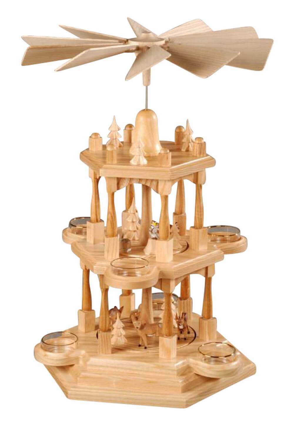 Teelichtpyramide mit Waldtieren, natur, 3-stöckig, 41 cm von Albin Preißler