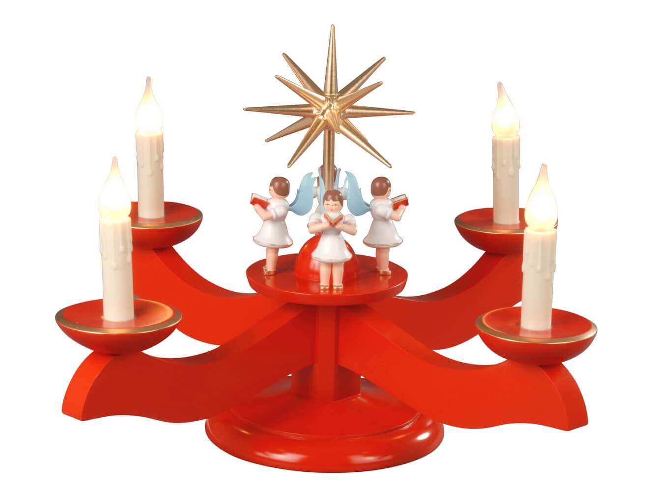 Adventsleuchter mit 4 stehenden Engeln, rot, elektrisch beleuchtet von Albin Preißler