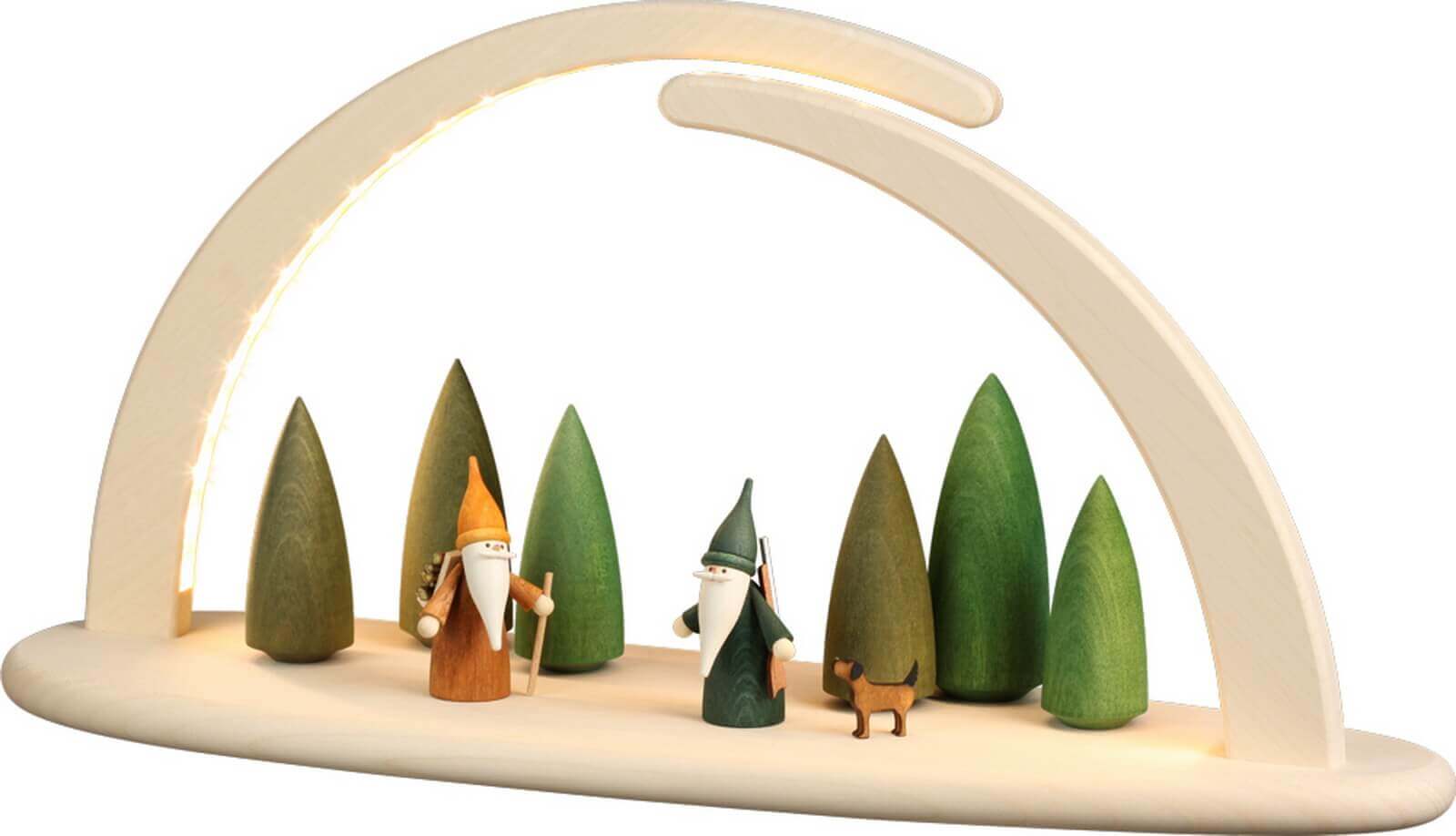 LED Schwibbogen, doppelt Wichtel im Wald von Seiffener Volkskunst eG