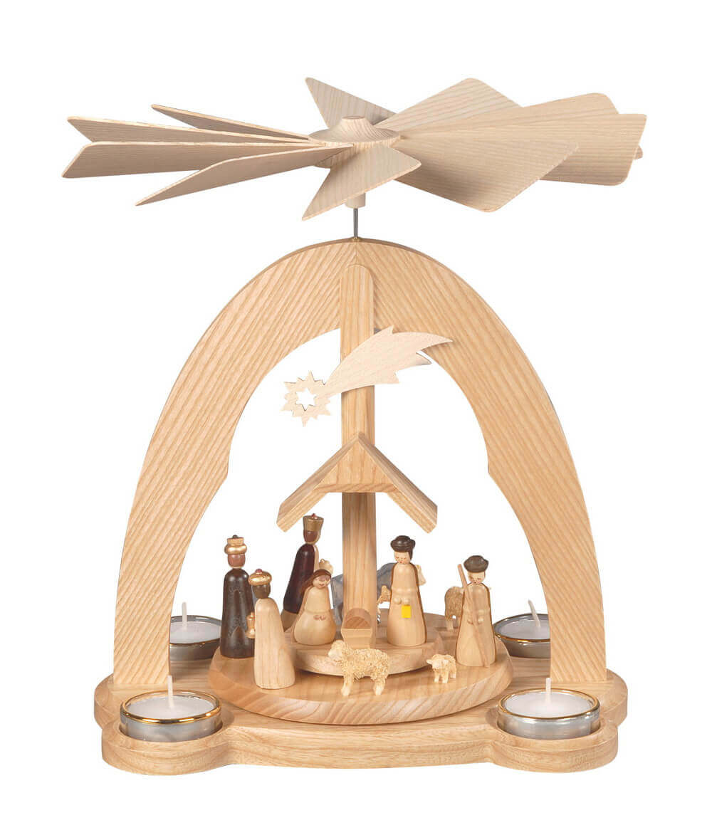 Weihnachtspyramide für Teelichte mit Heilige Familie, 28 cm, natur von Albin Preißler