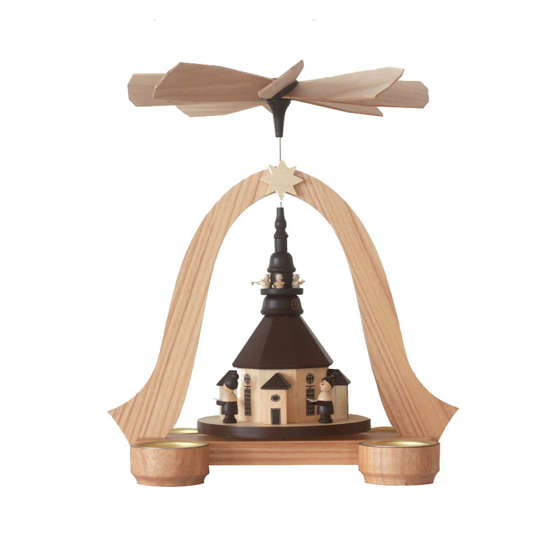 Weihnachtspyramide für Teelichte mit Seiffener Kirche, 26 cm von Spielwarenmacher Günther