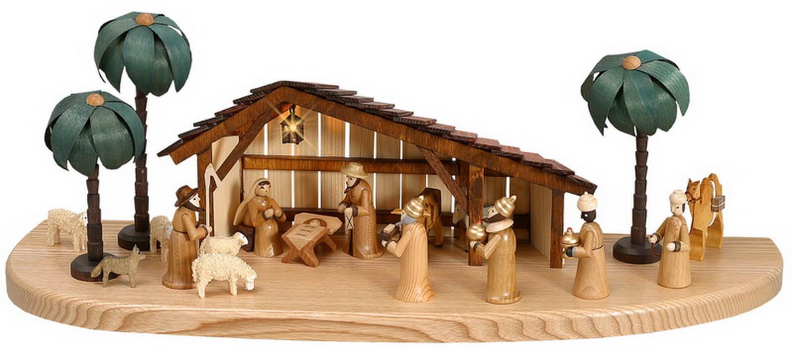 Weihnachtskrippe mit Stall, elektrisch beleuchtet, 18 – teilig von Theo Lorenz