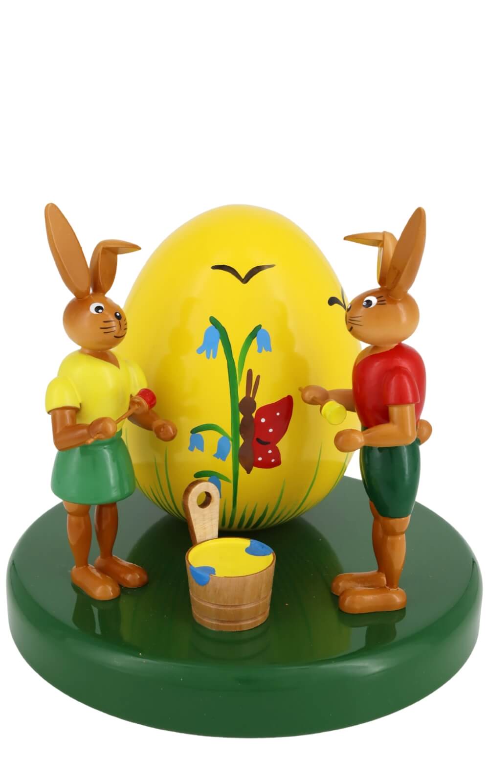 Osterhasenpaar mit großem gelben Ei, 12 cm von Holzkunst Gahlenz