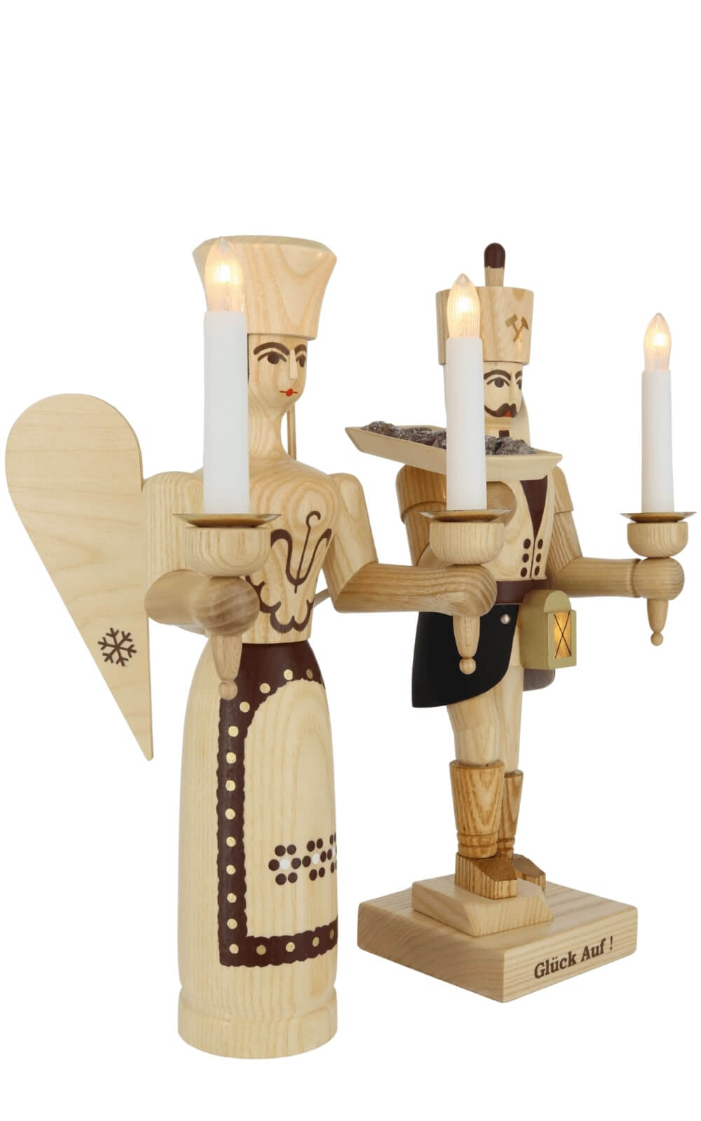 Engel und Bergmann mit Erzschale und Bauchlampe, 34 cm, natur, elektrisch beleuchtet von SEIFFEN.COM_1