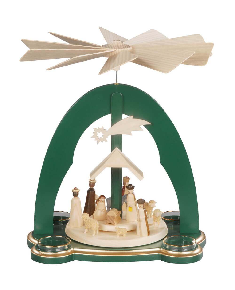 Weihnachtspyramide für Teelichte Heilige Familie, grün, 28 cm von Albin Preißler