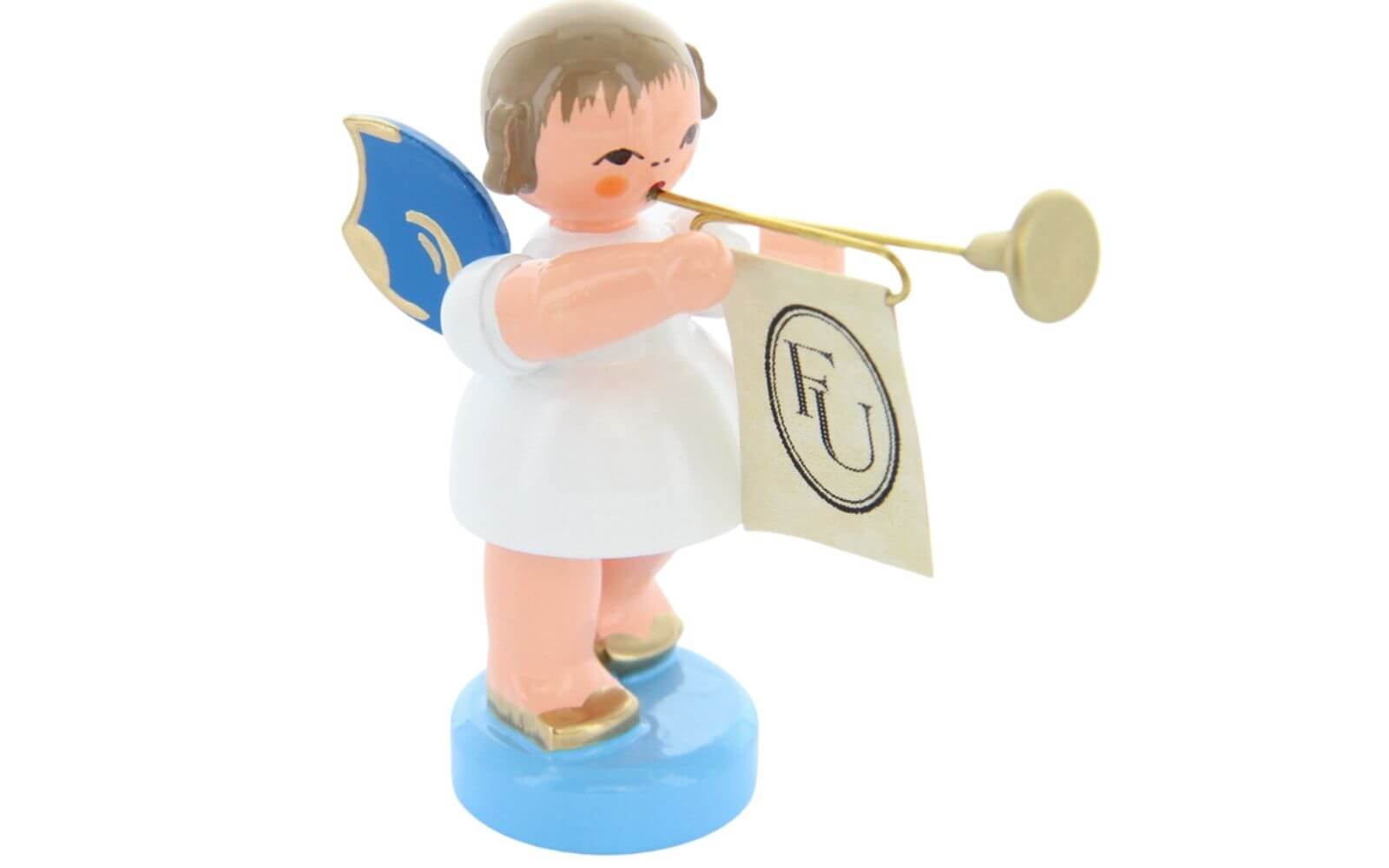 Weihnachtsengel stehend mit Fanfare und blauen Flügeln von Figurenland Uhlig GmbH
