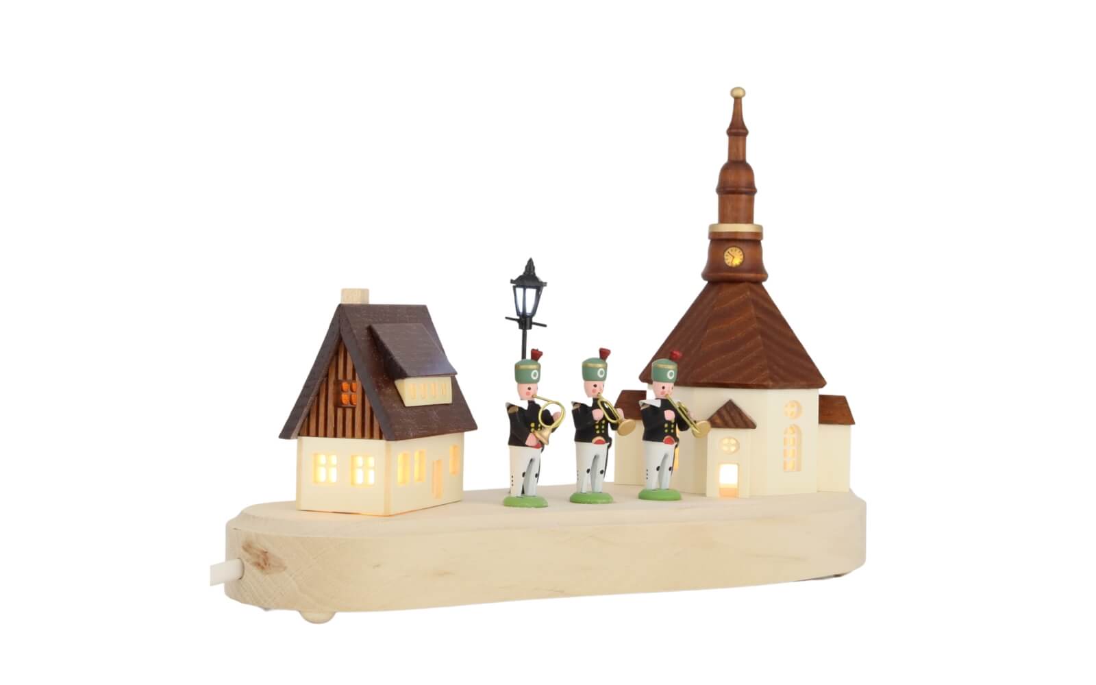 Sockelbrett Seiffener Dorf mit Bergmannskapelle und beleuchteter Straßenlaterne von SEIFFEN.COM_5