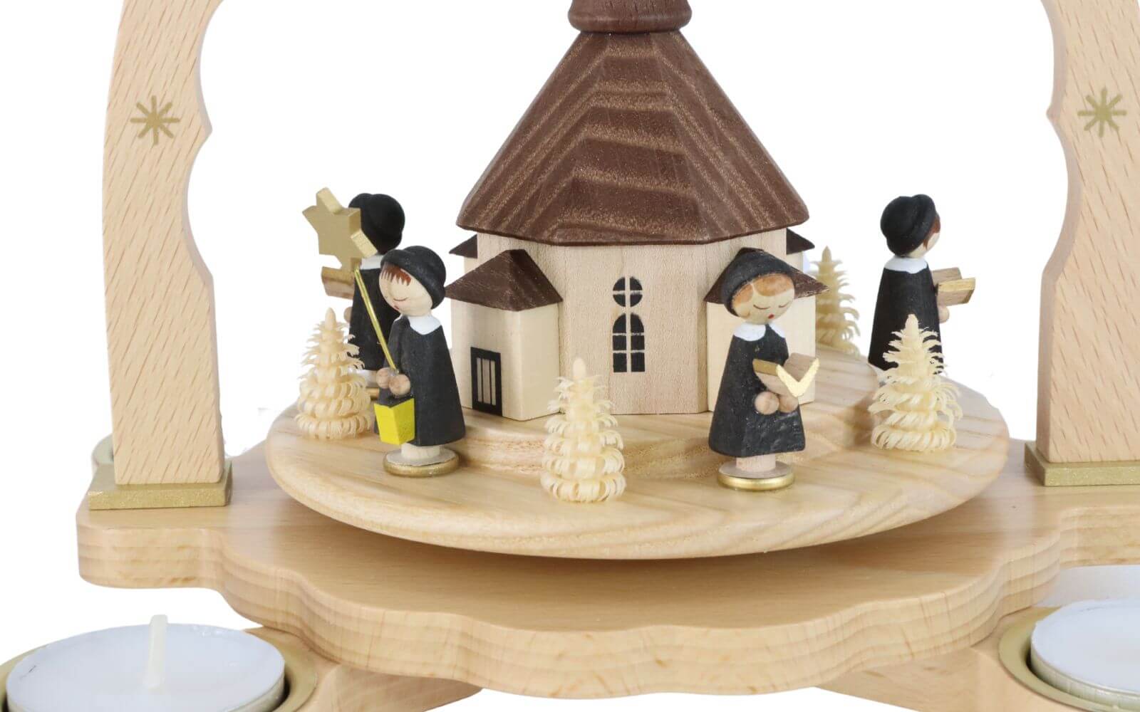 Weihnachtspyramide für Teelichte mit Seiffener Kirche und Kurrende von Richard Glässer_4