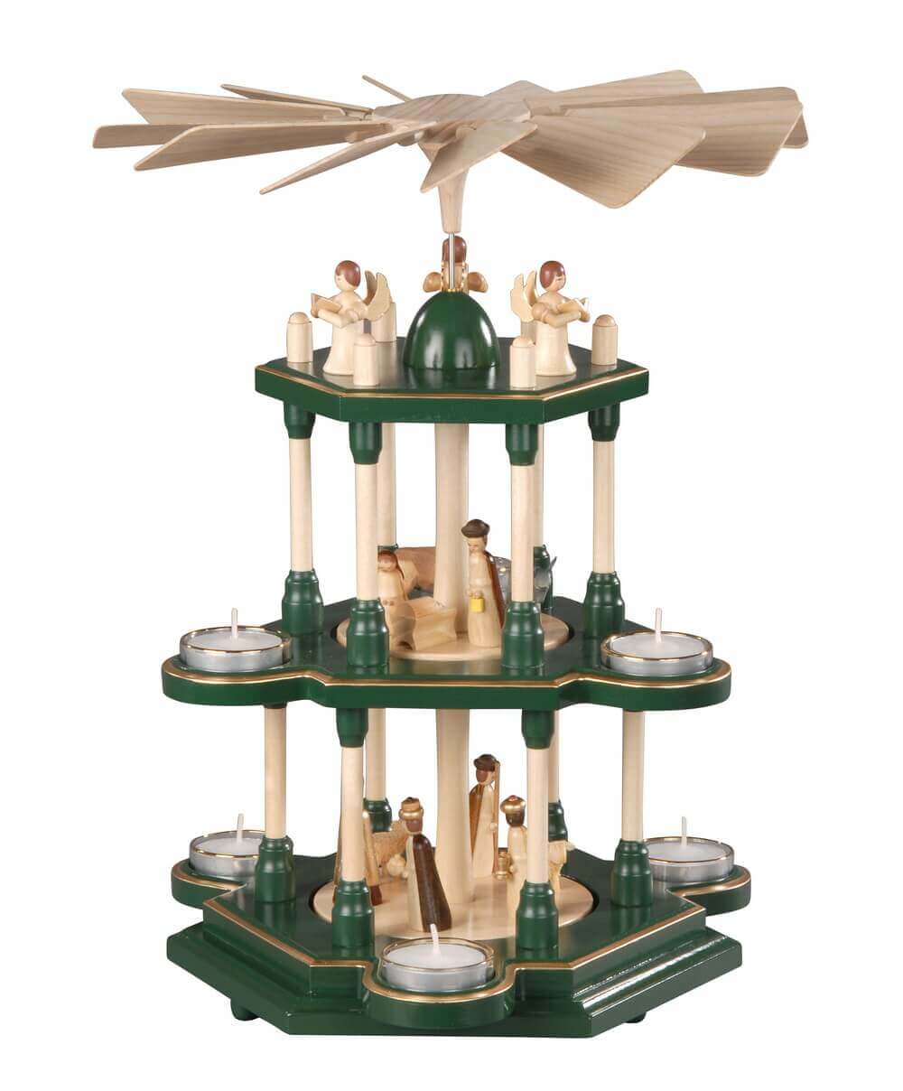 Weihnachtspyramide für Teelichte Heilige Familie, grün, 3-stöckig, 41 cm von Albin Preißler