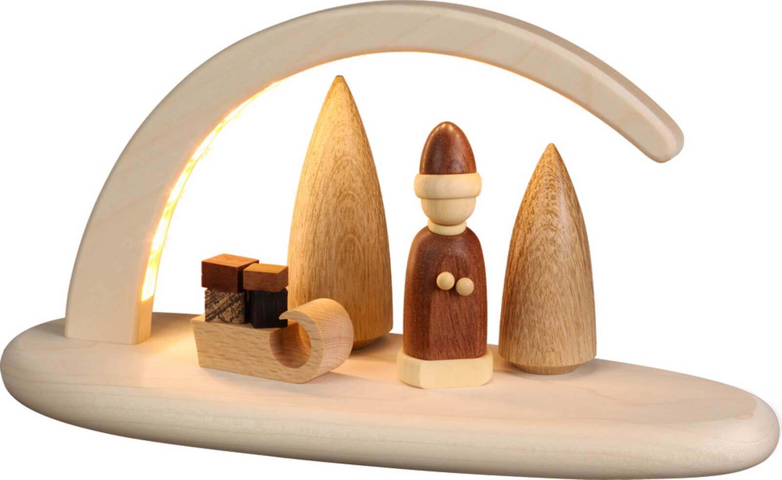 LED Schwibbogen, natur mit Weihnachtsmann und Schlitten von Seiffener Volkskunst eG
