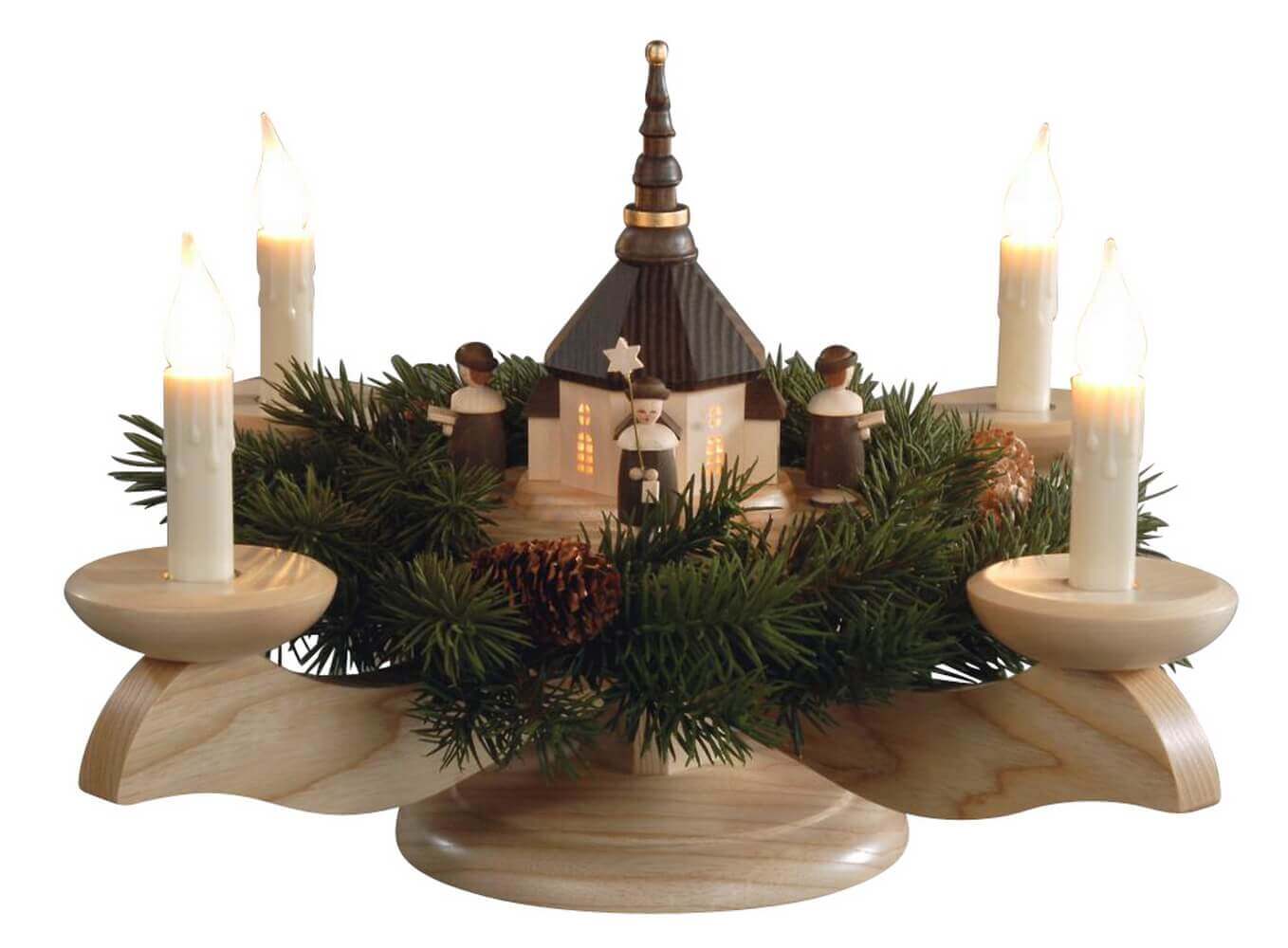 Adventsleuchter mit Seiffener Kirche, Kurrende und Tannenkranz, elektrisch von Albin Preißler