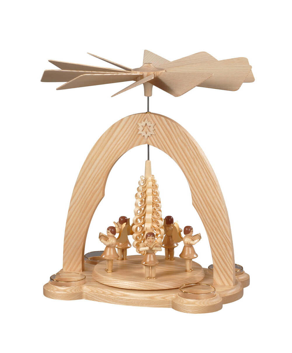 Teelichtpyramide 5 Engel mit Spanbaum, natur, 28 cm von Albin Preißler