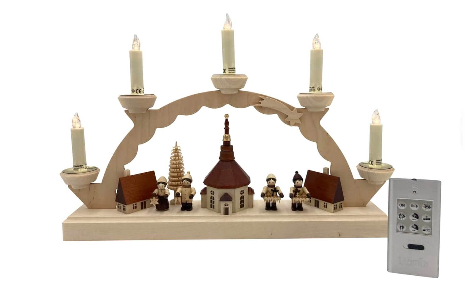 LED Schwibbogen Seiffener Dorf mit Thiel Figuren - 5 Lumix Kerzen von SEIFFEN.COM_2