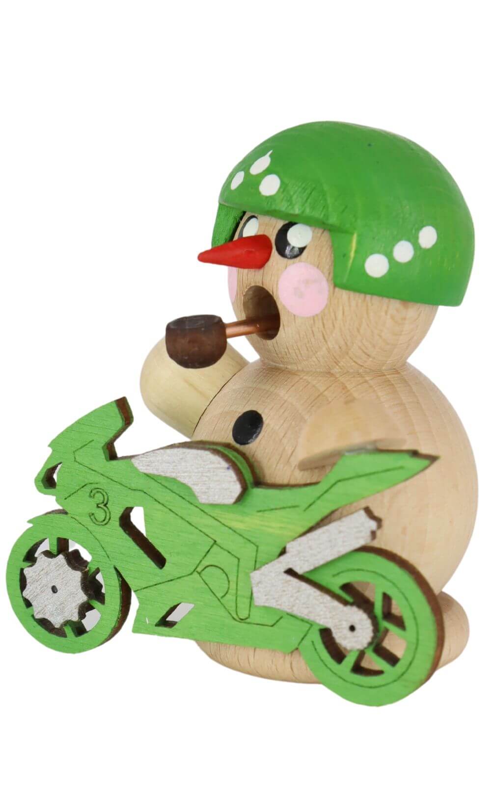 Räuchermann Biker natur mit grünem Motorrad von Gerd Hofmann_3