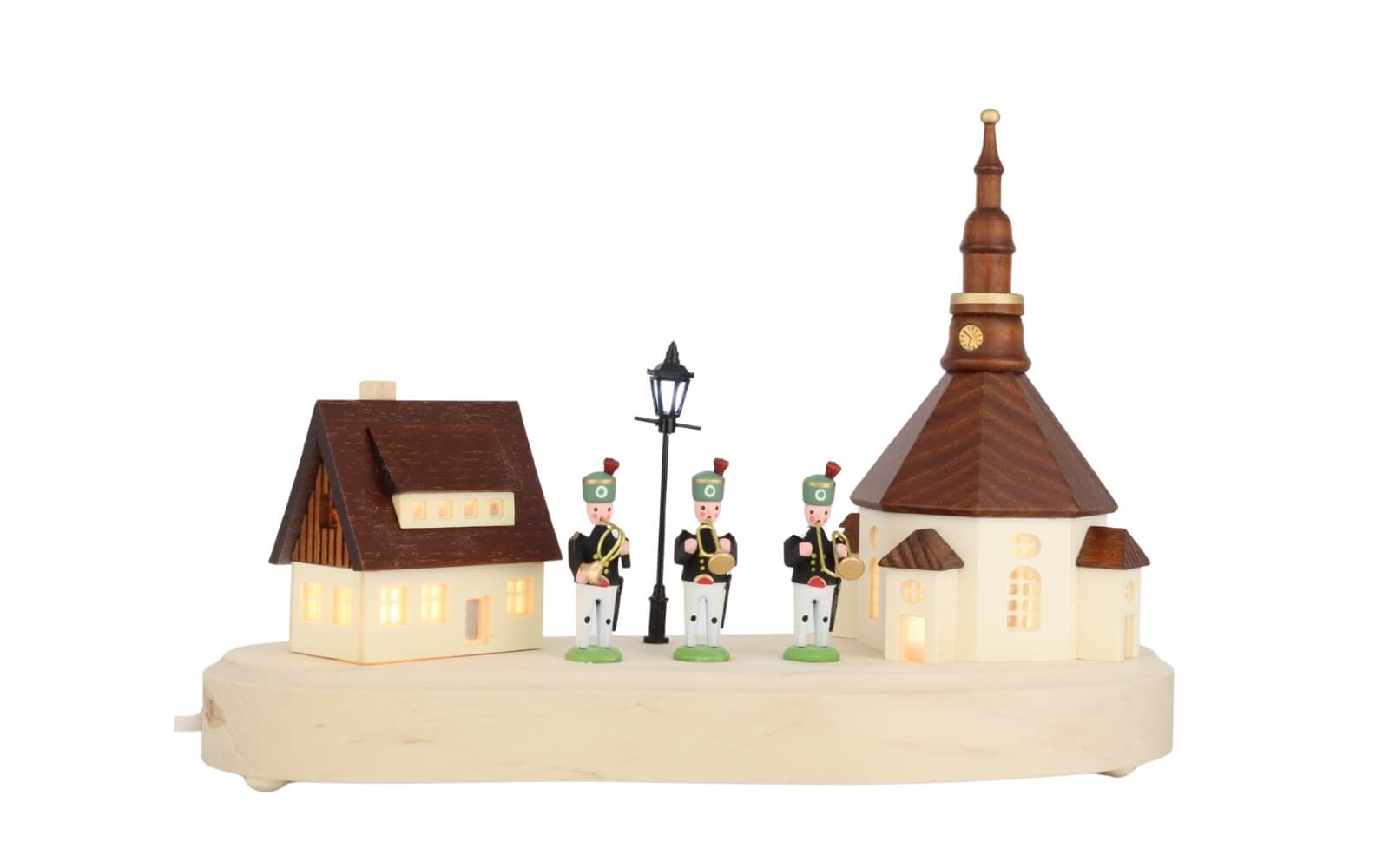 Sockelbrett Seiffener Dorf mit Bergmannskapelle und beleuchteter Straßenlaterne von SEIFFEN.COM_1