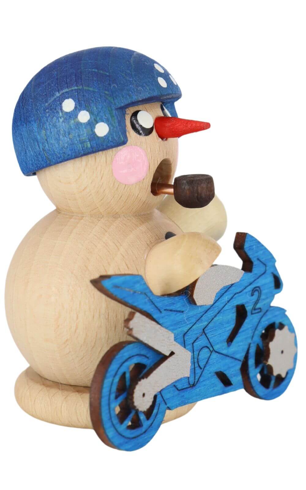Räuchermann Biker natur mit blauem Motorrad von Gerd Hofmann_2