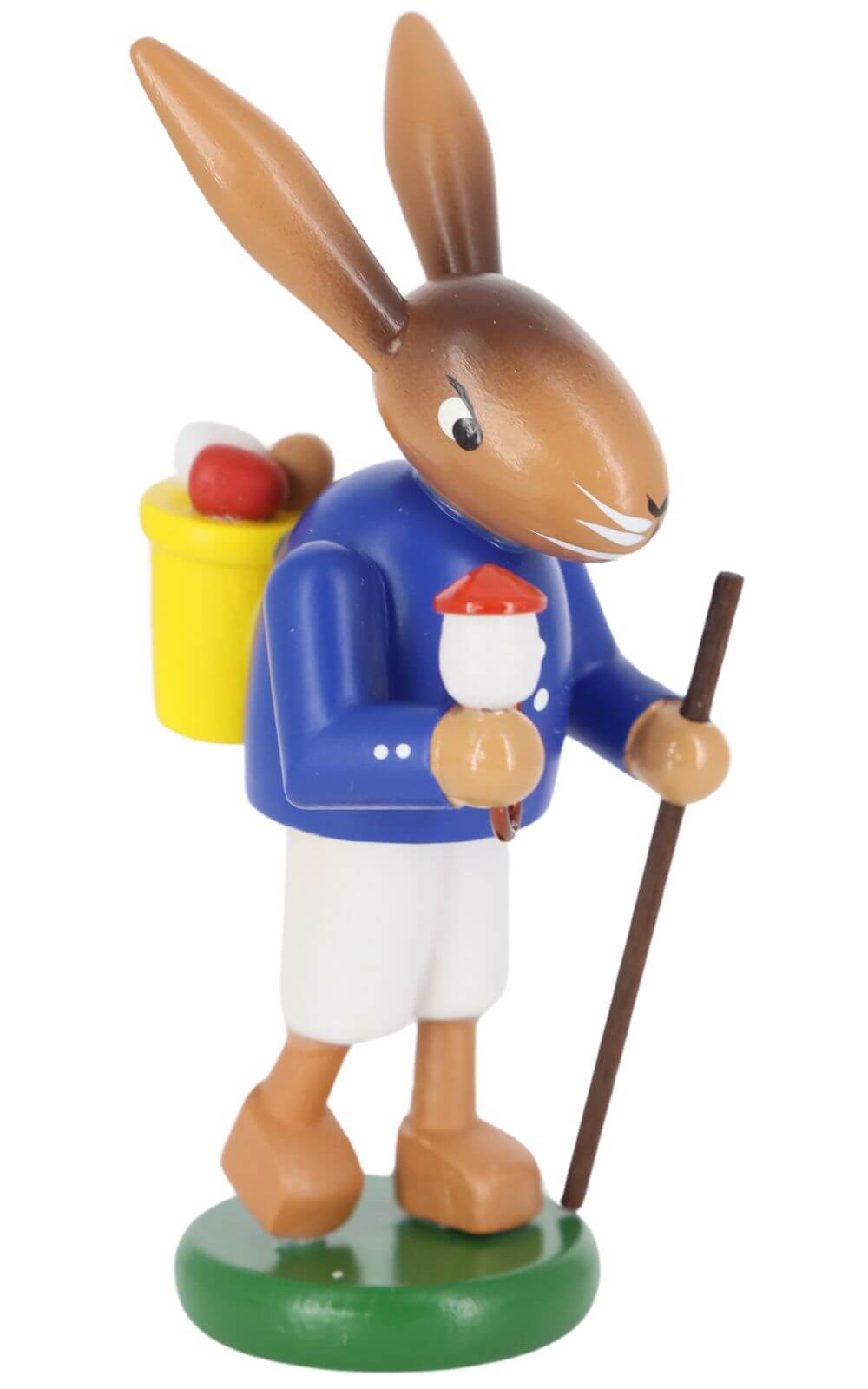 Osterhase mit Wanderstock, Pfeife und Korb, 9 cm, farbig von SEIFFEN.COM_1