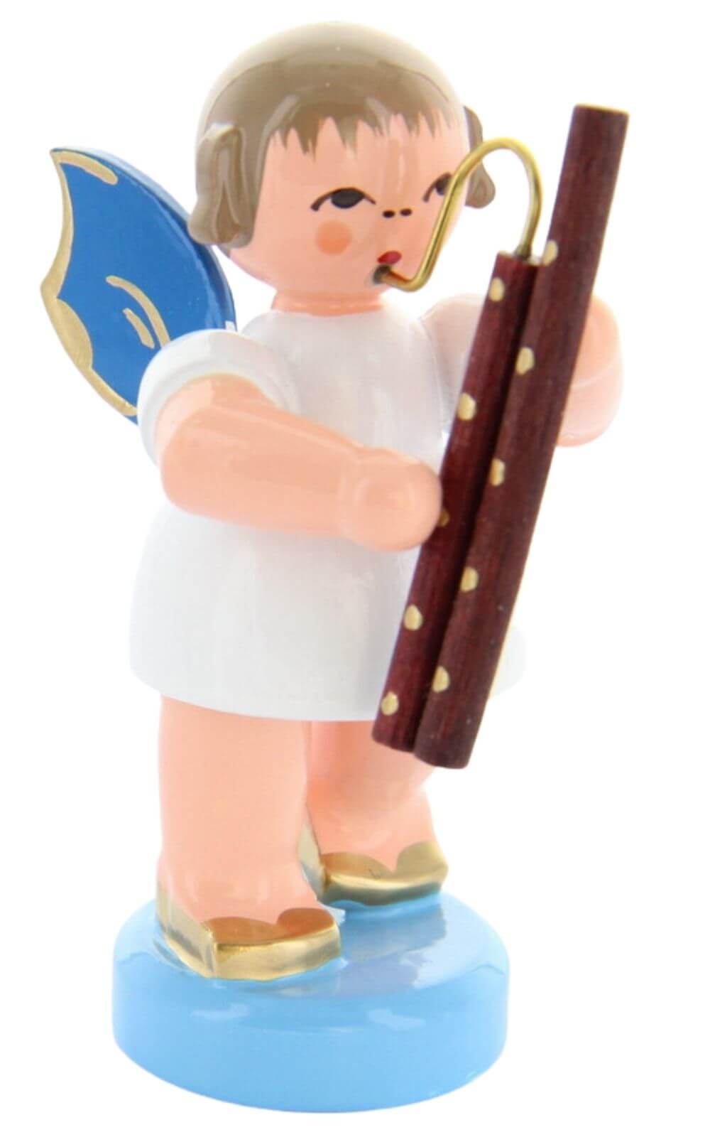 Weihnachtsengel stehend mit Fagott und blauen Flügeln von Figurenland Uhlig GmbH