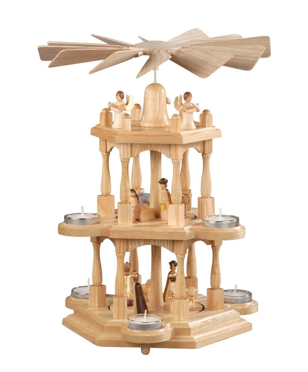 Weihnachtspyramide für Teelichte mit Heilige Familie, natur, 41 cm von Albin Preißler