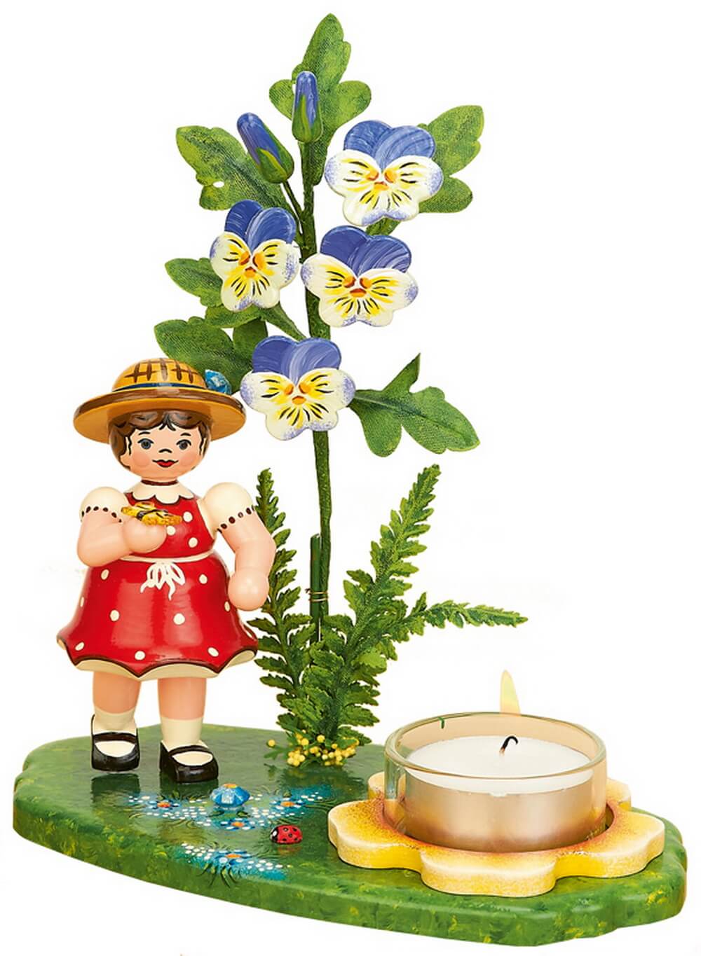 Kerzenhalter Blumenkind Mädchen mit Hornveilchen, 17 cm, farbig von Hubrig Volkskunst