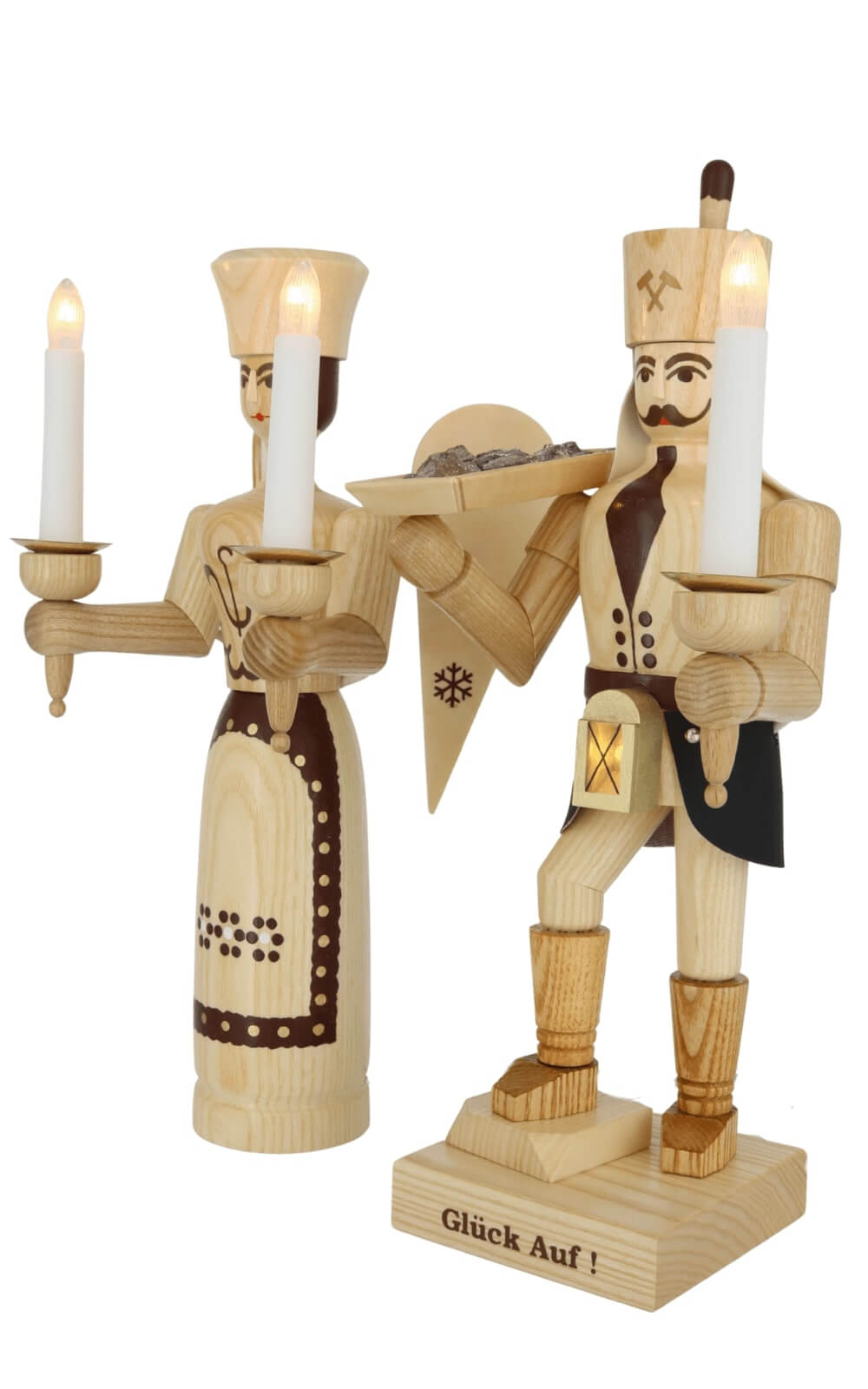 Engel und Bergmann mit Erzschale und Bauchlampe, 34 cm, natur, elektrisch beleuchtet von SEIFFEN.COM_2