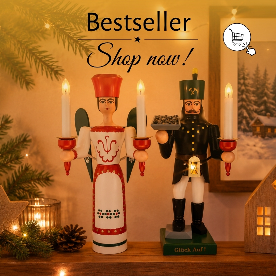 Engel und Bergmann, 38 cm mit Bauchlampe, farbig, elektrisch beleuchtet von SEIFFEN.COM